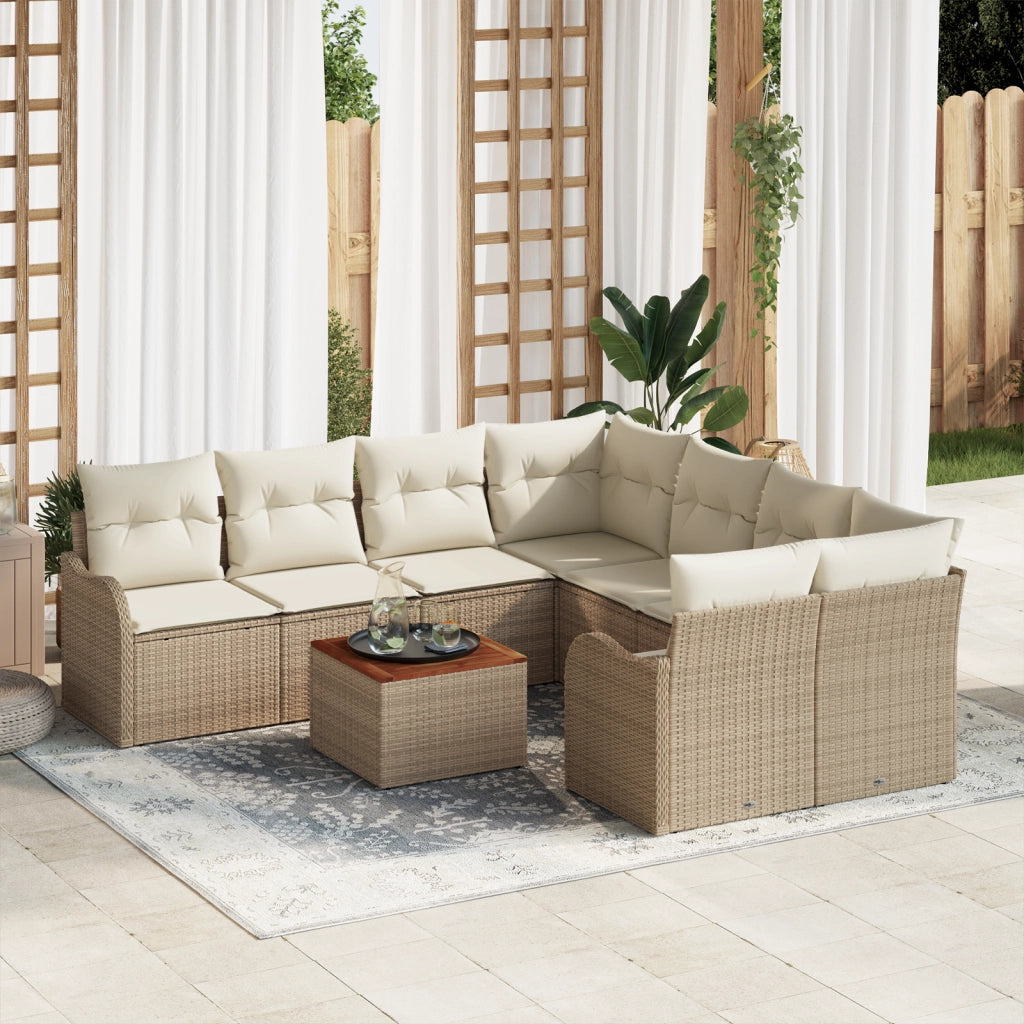 Set Divano da Giardino  9 Pezzi con Cuscini Beige Polirattan Acacia