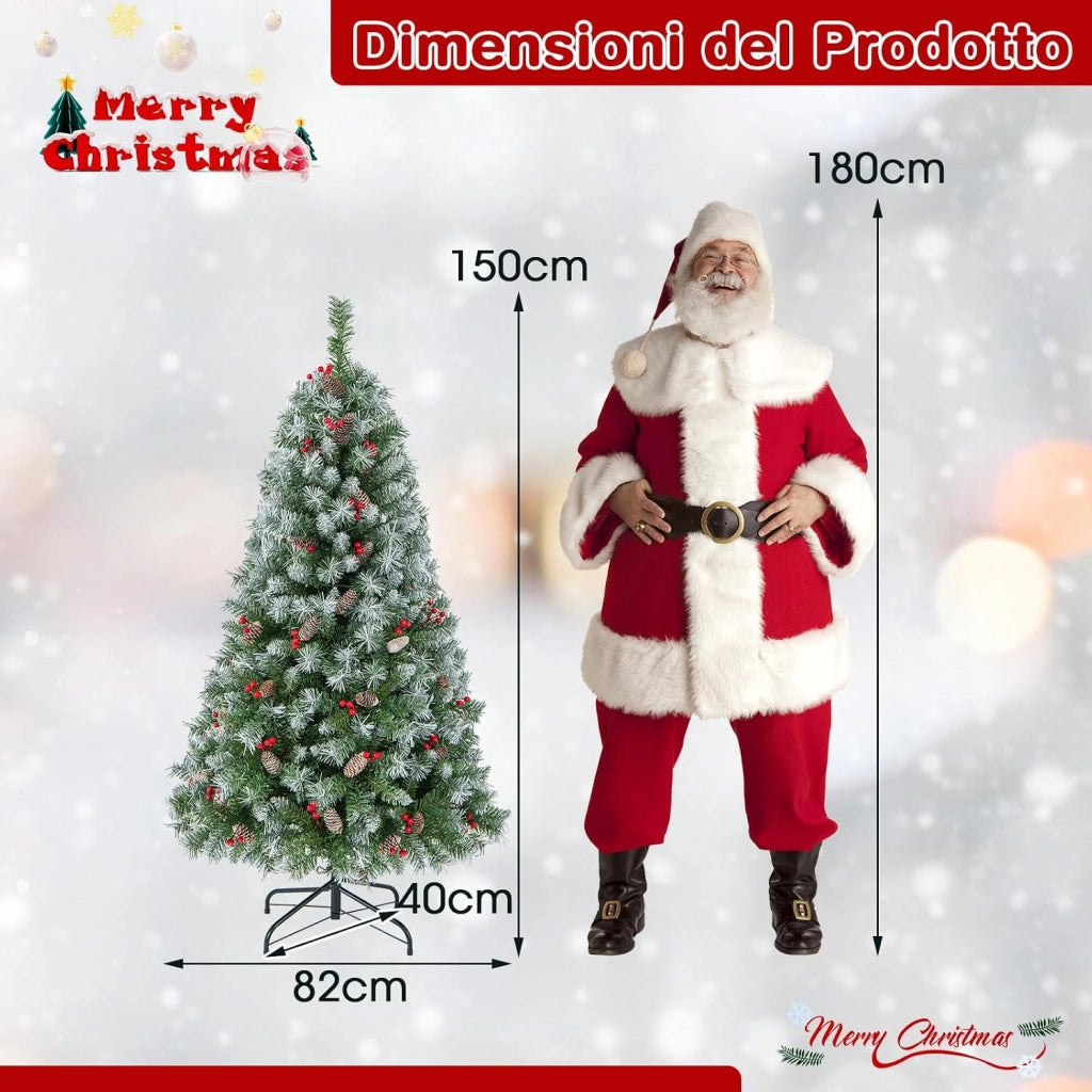 Albero di Natale Pre-Illuminato 150 cm, Albero di Natale con 200 Luci LED Bianche Calde, 8 Modalità di Illuminazione, 450 Punte di Ramo, Bacche Rosse e Pigne (150 cm)