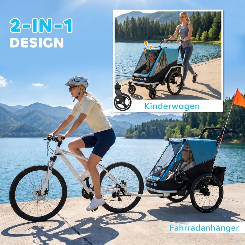 RIMORCHIO BICI PER BAMBINI 2 POSTI 2-in-1 PIEGHEVOLE BLU ALLUMINIO