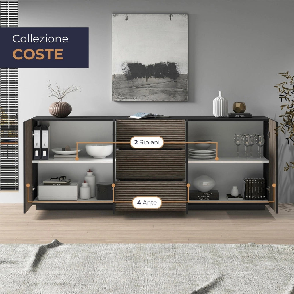 WHOUS Credenza Coste a 4 ante e 3 cassetti antracite opaco e legno scuro 220,1x43x86 cm