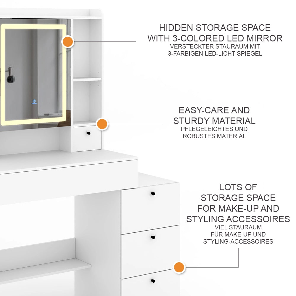 Vicco Tavolo da toilette Bianco 105.5 cm con specchio a LED