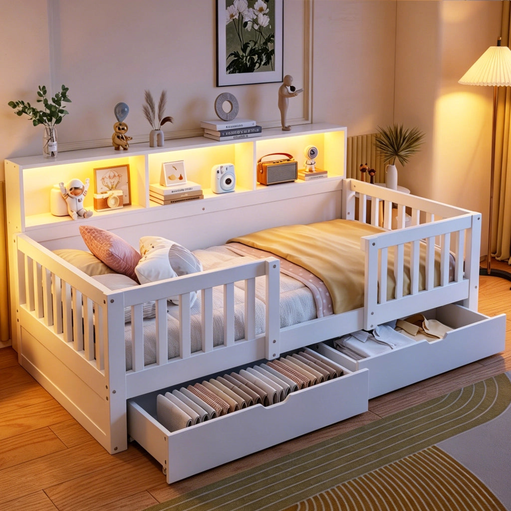 Letto per bambini 90x200 cm con sponda di sicurezza, 2 cassetti, ripiani integrati e LED, bianco