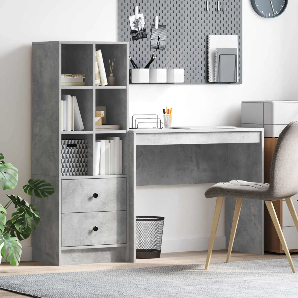 Scrivania | Tavolo da Ufficio con cassetto con lo scaffale 2 pz Grigio cemento