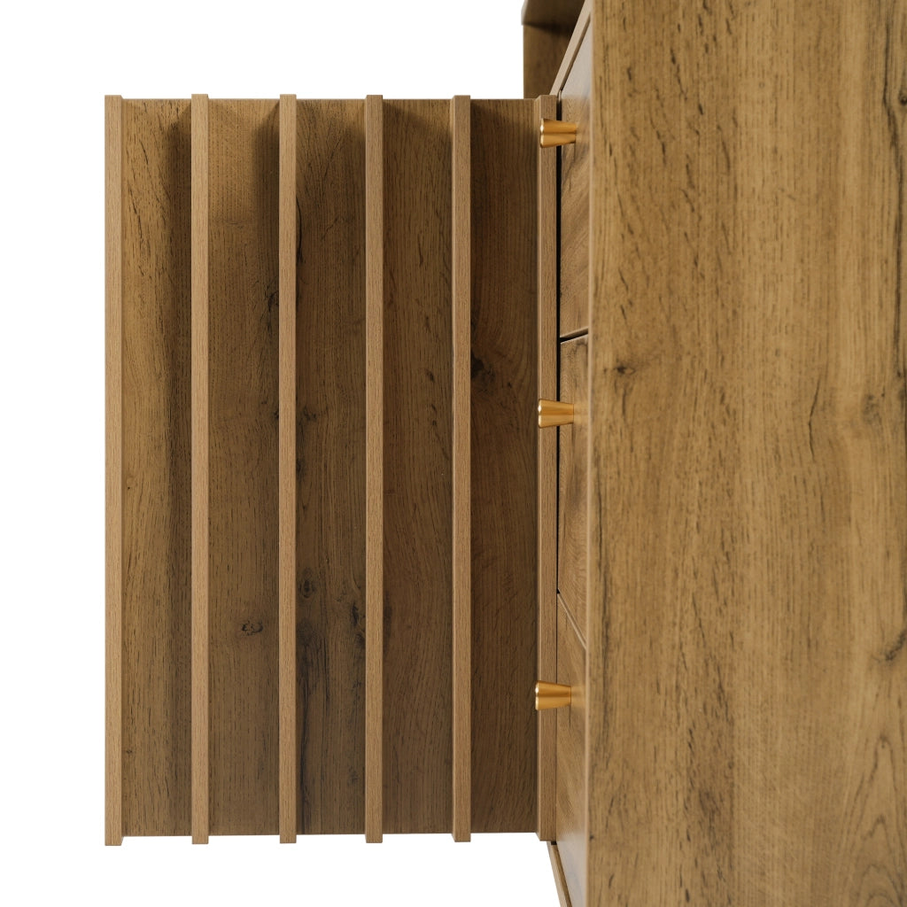 Credenza con 3 cassetti e 2 ante con vano aperto e frontale a doghe effetto rovere scuro 120 × 40 × 85 cm