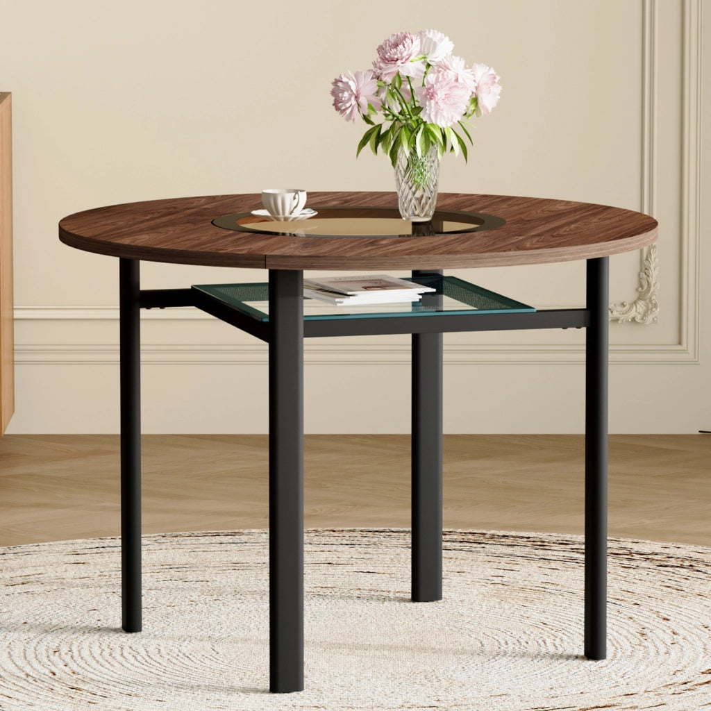 Tavolo da pranzo rotondo con piano in MDF e inserto in vetro, per 4-6 persone, per sala da pranzo, 100 cm