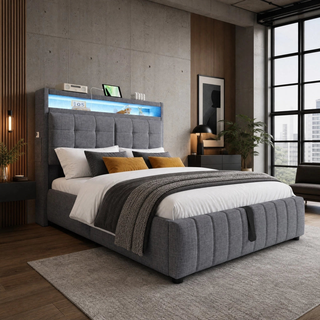 Letto matrimoniale imbottito 140x200 cm in tessuto effetto lino grigio con LED; USB e contenitore