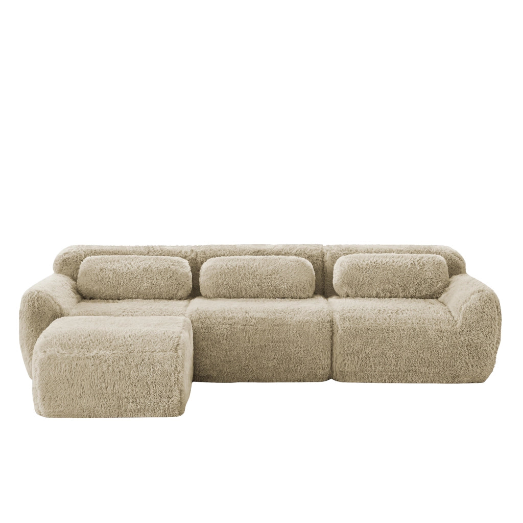 Divano angolare modulare in tessuto effetto peluche; 291x179x73 cm; Light Khaki
