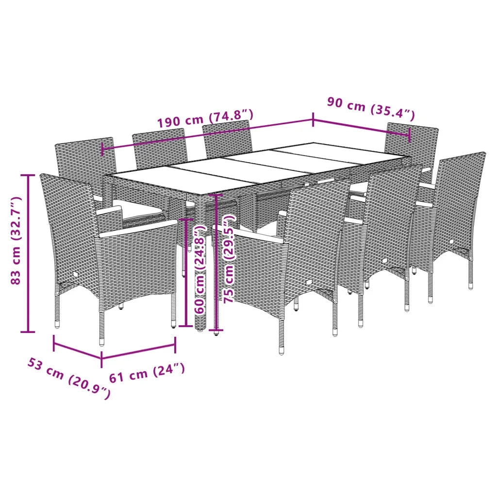 vidaXL Set Pranzo da Giardino 9 pz con Cuscini Beige Polyrattan Acacia