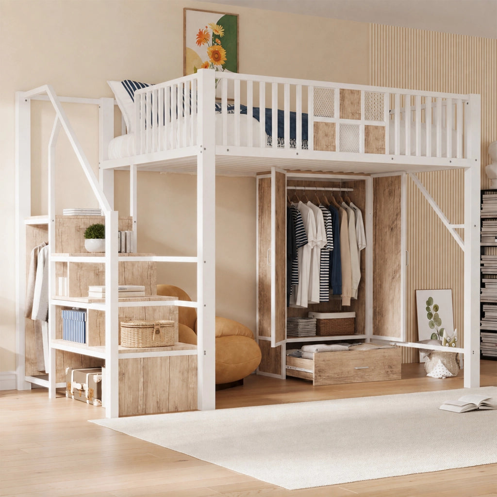 DESMIU Letto a soppalco 140 × 200 cm 2 posti con armadio, cassetto e scala contenitore, senza materasso, bianco