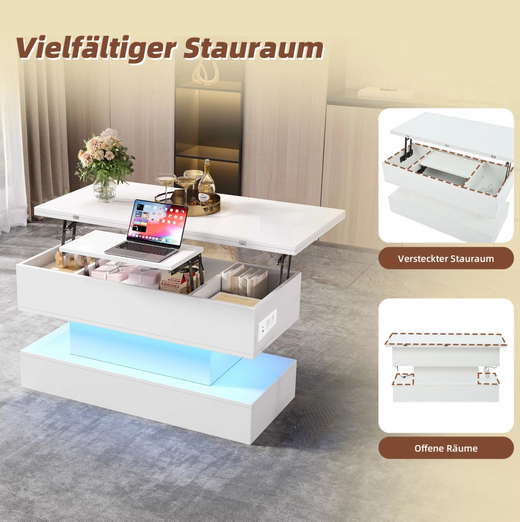 Tavolino elevabile bianco con LED, prese integrate e vano contenitore