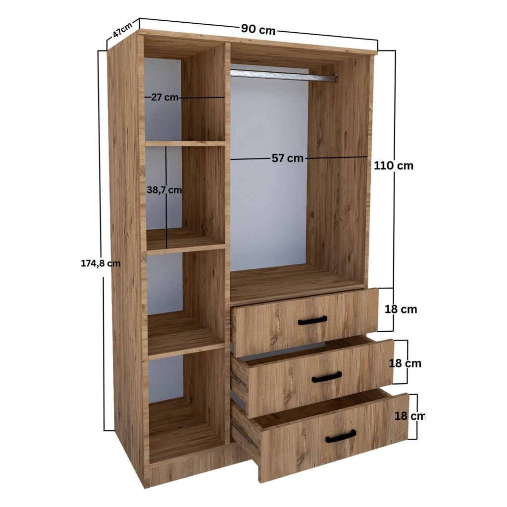 Armadio Camera da Letto Valdengo, Guardaroba 3 Ante 3 Ripiani, 90x47 cm Marrone Rovere