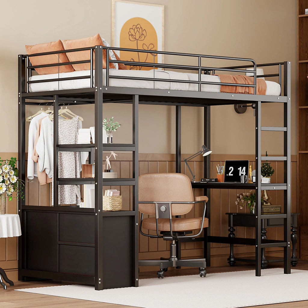 Letto a soppalco ULEVR 90x200 cm con scrivania, presa e USB, ripiani e vano aperto, nero