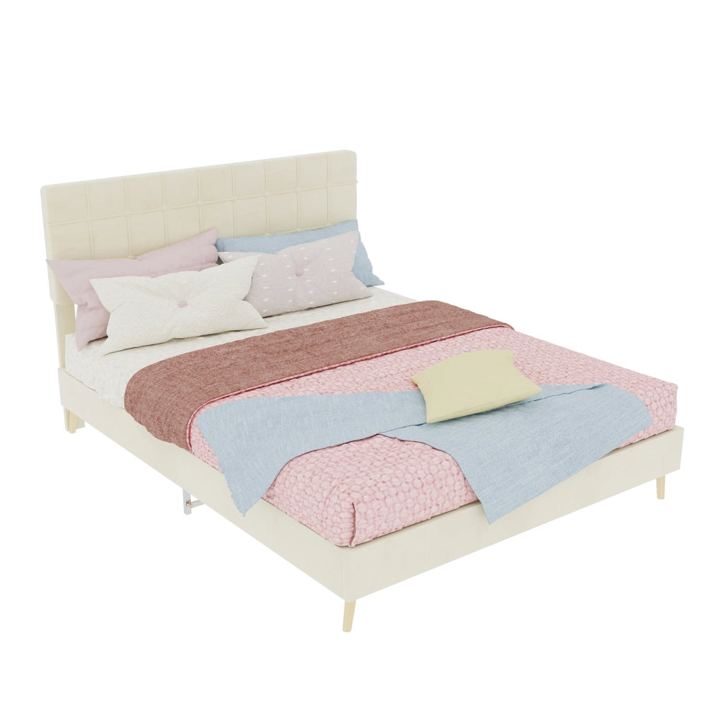 Letto matrimoniale imbottito in velluto beige dimensioni 140x200 cm