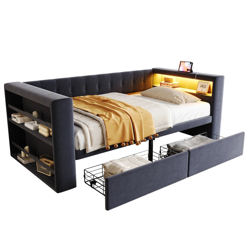 Divano letto singolo 90x190 cm con LED; presa e cassetti; grigio scuro