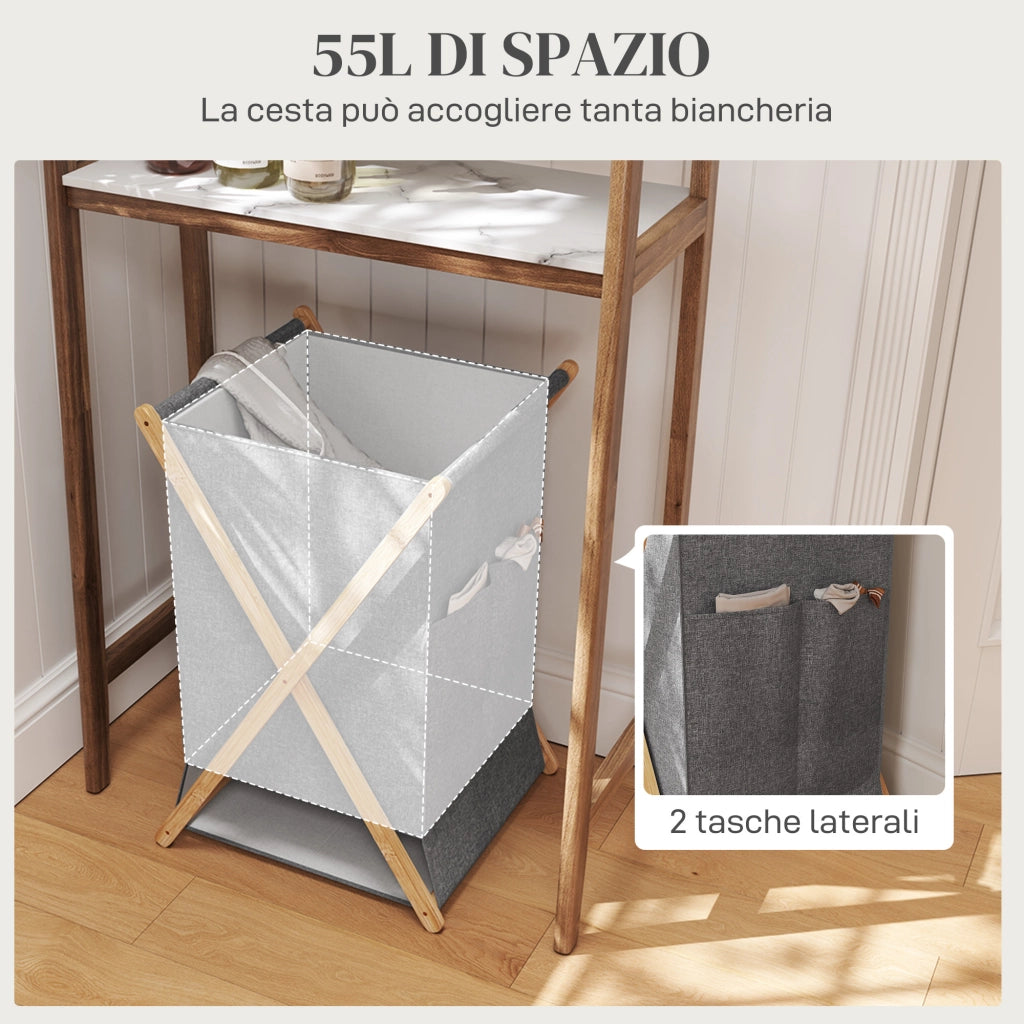 Cesto Portabiancheria Pieghevole 55L in Tessuto e Telaio in Bamb¨´, Legno e Grigio