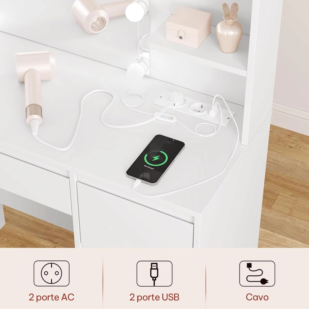 Toeletta Trucco con Specchio LED, Tavolo da Trucco con Sgabello e 4 Cassetti, Luci Regolabili a 3 Colori, Design Moderno Bianco per Camera da Letto