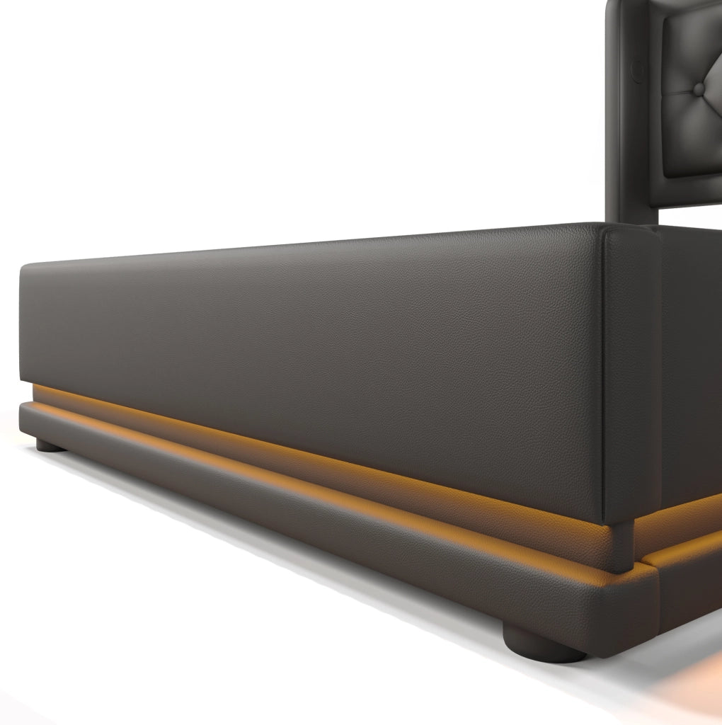 Letto imbottito 90x200 cm nero in PU con contenitore idraulico, LED e USB-C