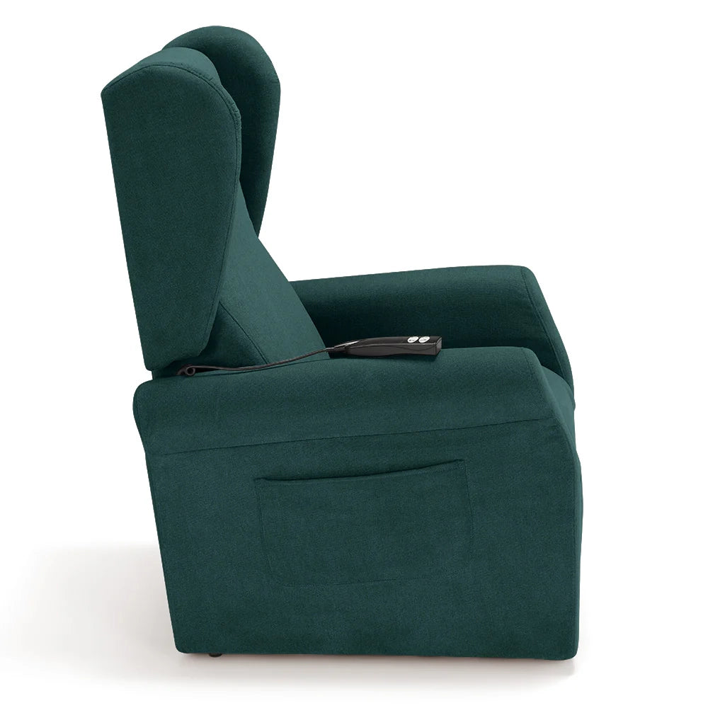 Poltrona relax elettrica PISA MADE IN ITALY per anziani e disabili, 2 motori, 4 ruote, reclinazione e alzapersona, Tessuto Antimacchia, colore Petrolio