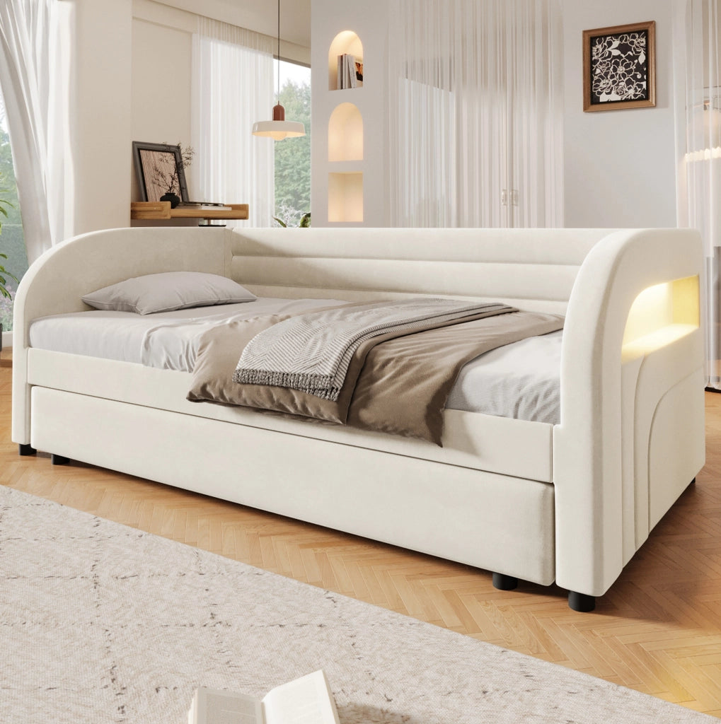 Letto 90x200 cm con letto estraibile e LED in flanella beige