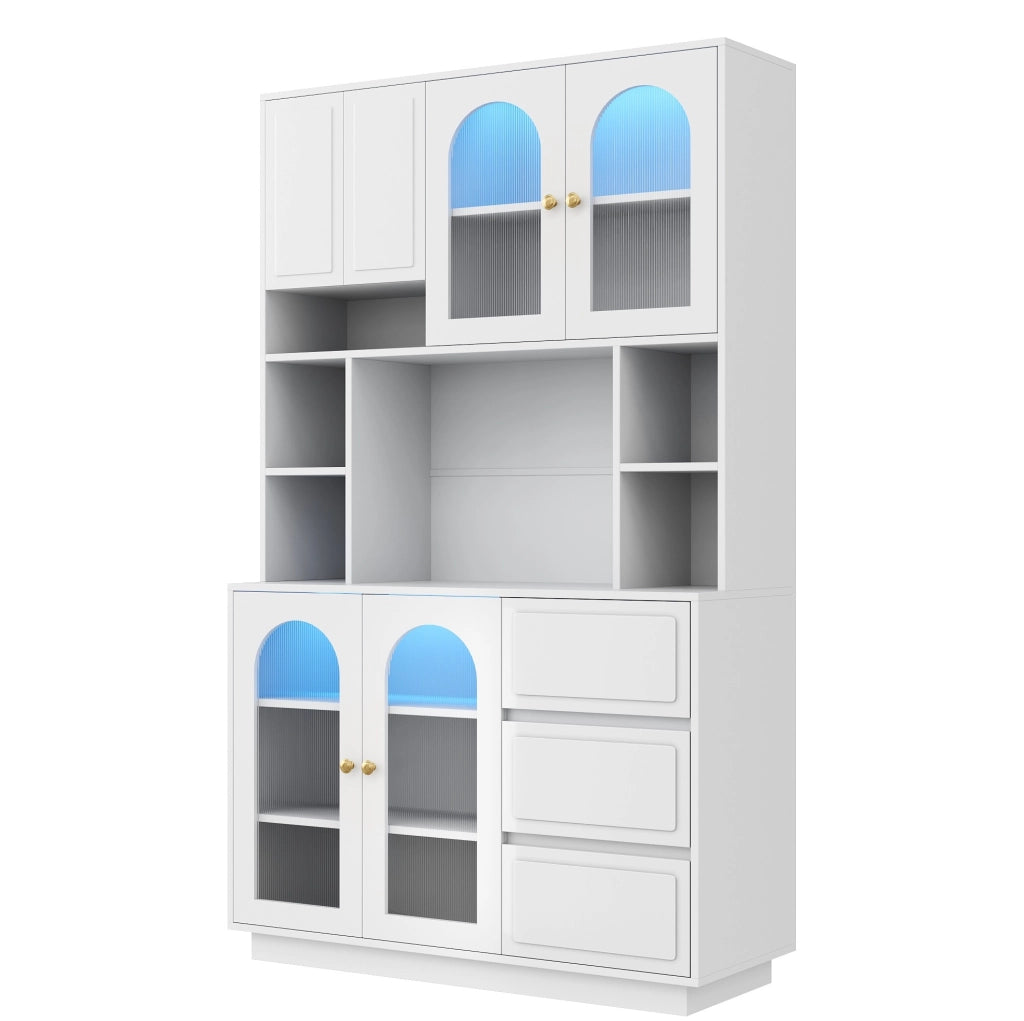 Credenza alta con LED controllabile da app; ante in acrilico curvo; 106x30x175 cm; bianco