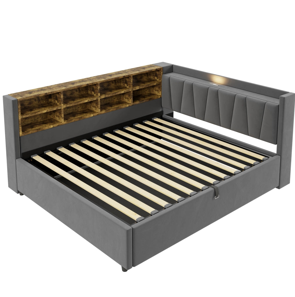 Letto contenitore 140x200 cm in velluto grigio scuro con luci, USB e vani