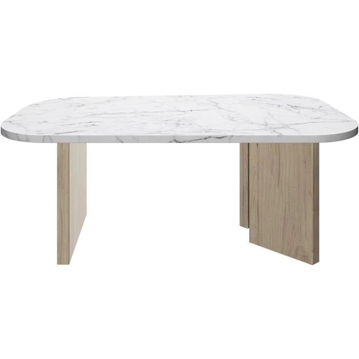 Tavolino ovale - QUARTZ - Effetto marmo bianco - Gambe spesse in rovere - 105 x 58 x 39 cm - DIAGONE