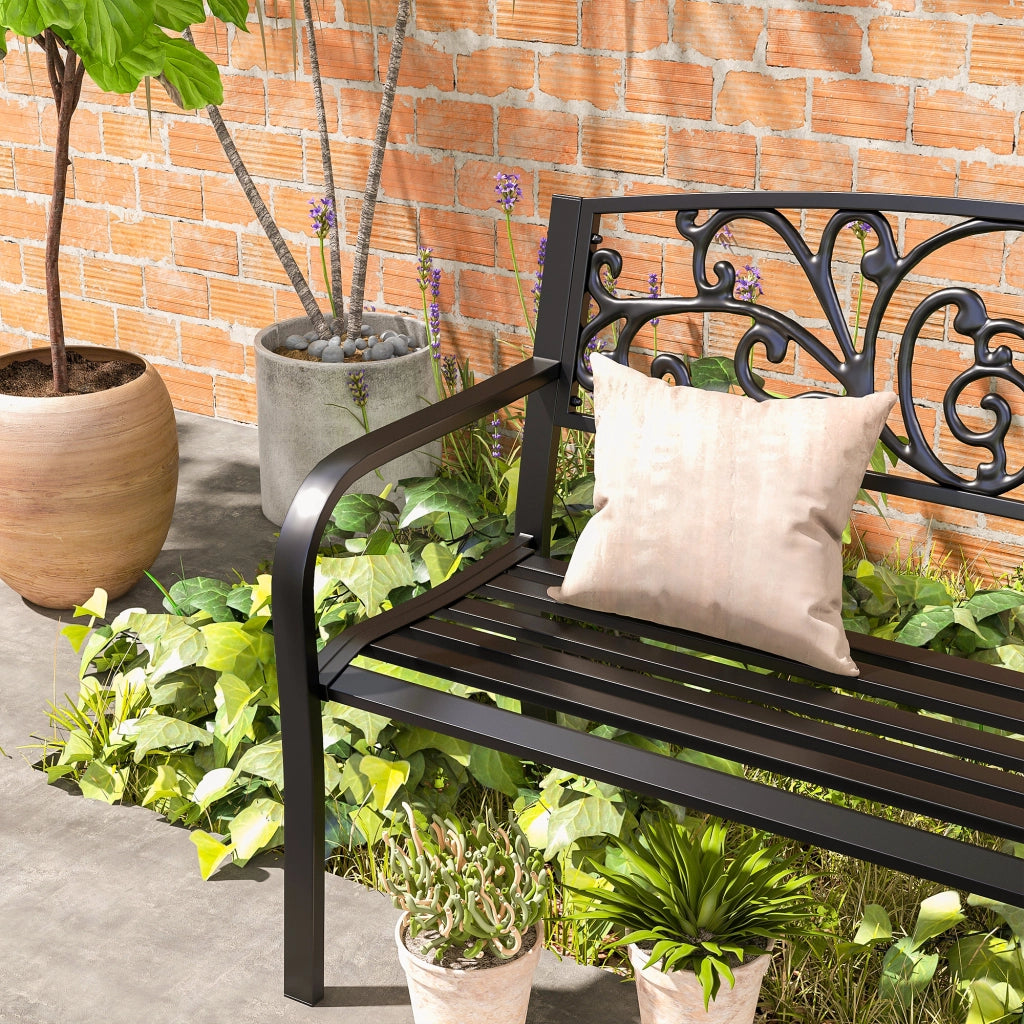 Panchina da giardino in metallo 2 posti con schienale e braccioli, nera, 127x60x87 cm