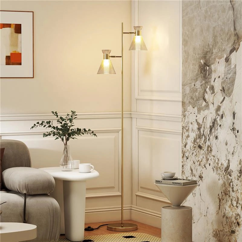 LAMPADA DA TERRA MODERNA CON 2 LUCI E TESTE REGOLABILI, INTERRUTTORE A PEDALE, ORO