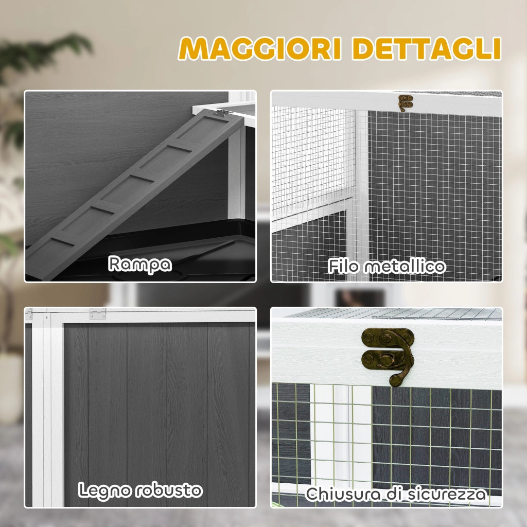 Gabbia per Conigli e Criceti da Interno 120x53x93 cm Rialzata con Vassoio Estraibile e Tetto Apribile in Legno Grigio