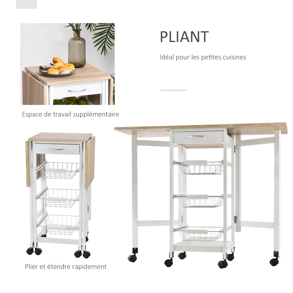 Carrello da cucina con 3 cestini, cassetto e ripiani ¨C zephmum ¨C metallo bianco effetto quercia