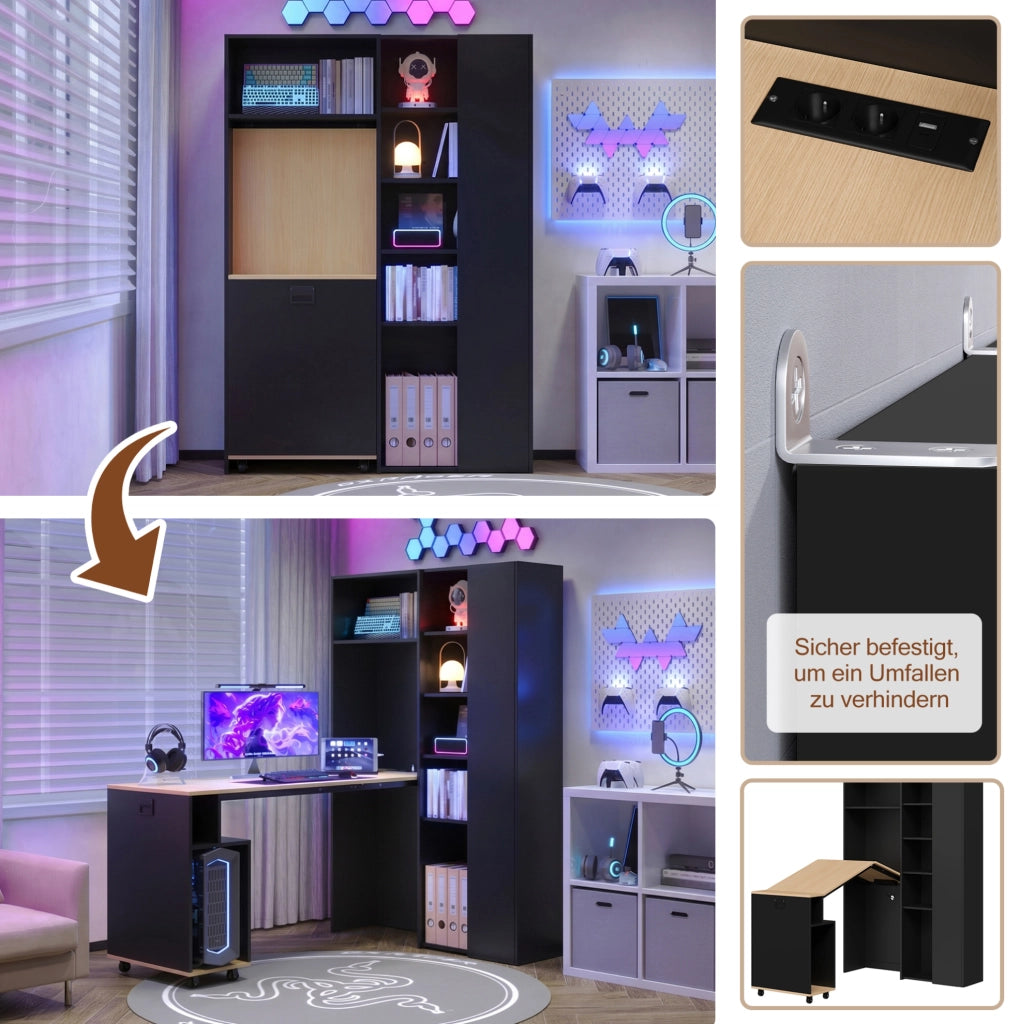 Scrivania pieghevole 2 in 1 con libreria; presa EU e USB; MDF; 104;5 x 30;5 x 160 cm; nero e rovere