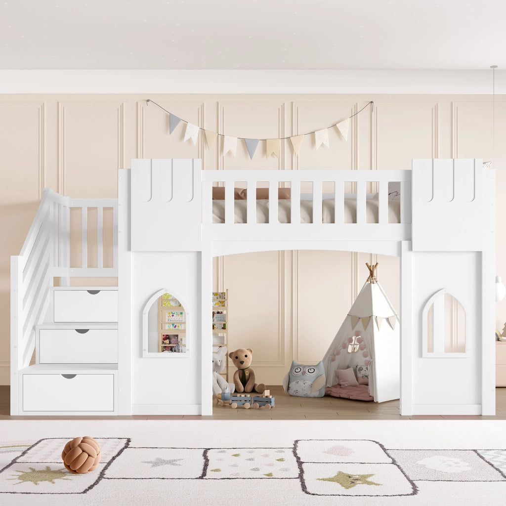 LETTO A CASTELLO con scala contenitore e finestre 90 x 200 cm bianco