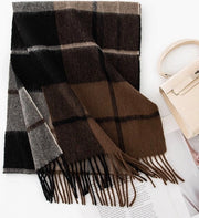 Sciarpa invernale 168x30cm - sciarpa in lana per donne e uomini - sciarpa di lana di cammello a righe classiche con piumini - sciarpa di cammello calda - sciarpa di lana di cammello a righe spesse per autunno e inverno - Nero e marrone a righe