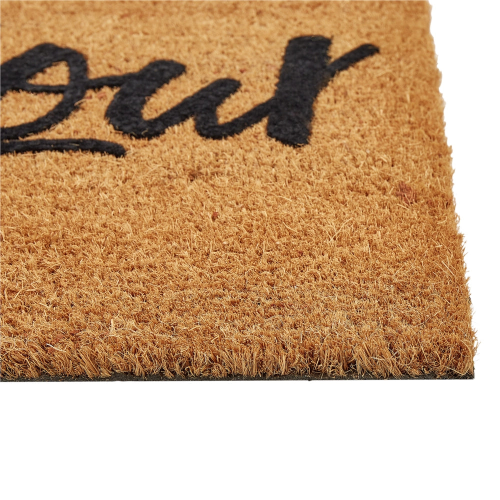 Zerbino in fibra di cocco naturale con supporto in PVC antiscivolo 40 x 60 cm con testo Bonjour e motivo moderno per interni.