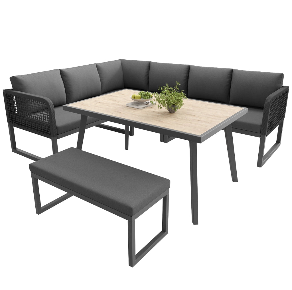 Set divano da giardino modulare 6 posti in PE rattan grigio con tavolino in vetro