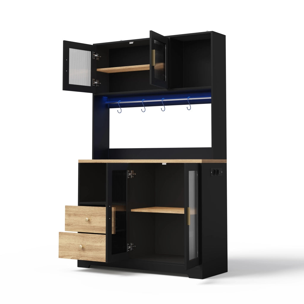 Hochschrank da cucina con LED, prese USB e ante in vetro temperato, 110 x 40 x 178 cm, nero