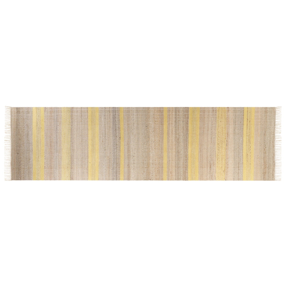 Tappeto in iuta beige e giallo con motivo a righe e nappe 80 x 300 cm soggiorno camera da letto stile boho