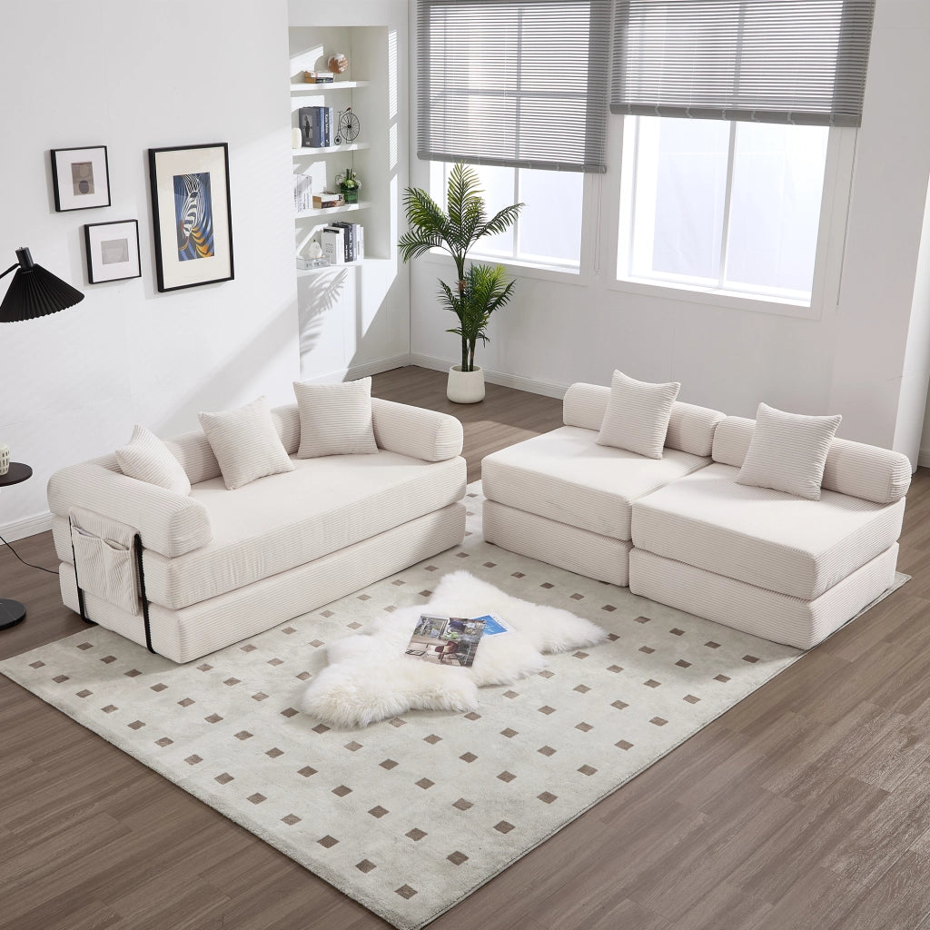 Divano modulare in velluto a coste con tasca laterale e funzione letto per soggiorno beige