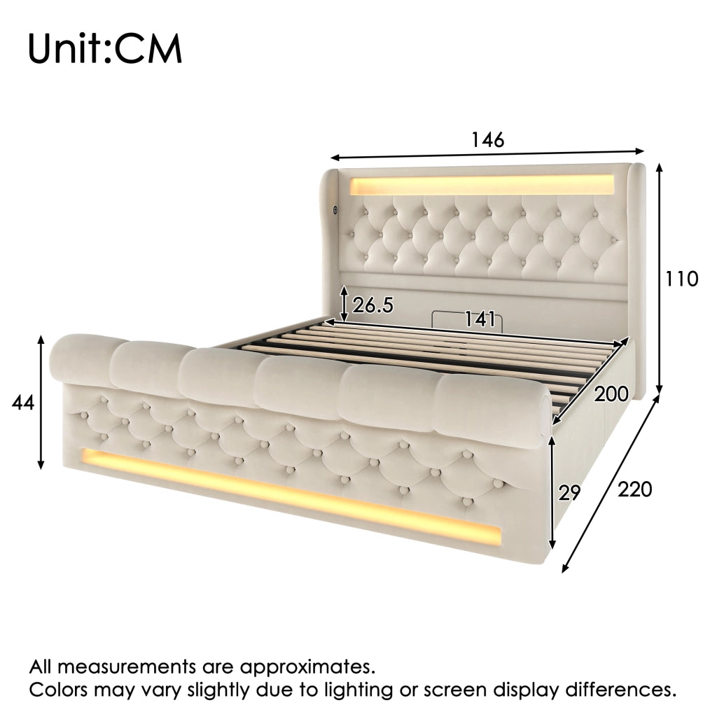 LETTO Contenitore idraulico 140x200 cm velluto beige con LED, USB e Type-C