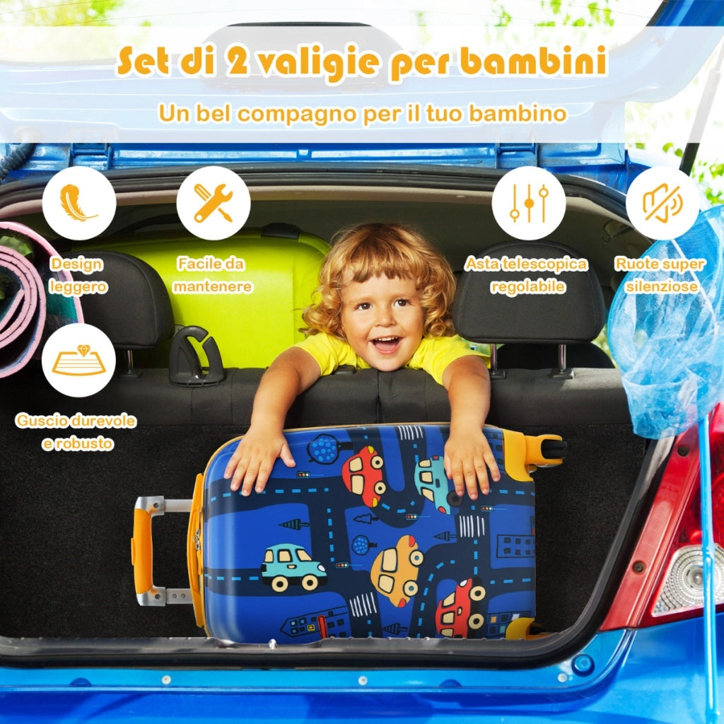 Set valigia rigida 32cm e zaino 24cm con manico retrattile, Set valigia con ruote da viaggio per bambini Blu-Bagagli e borse