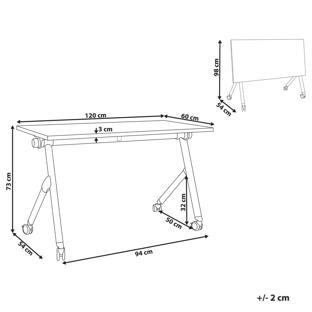 Scrivania da ufficio pieghevole con struttura in metallo marrone e nero, piano in MFC 120 x 60 cm, tavolo pieghevole portatile con rotelle
