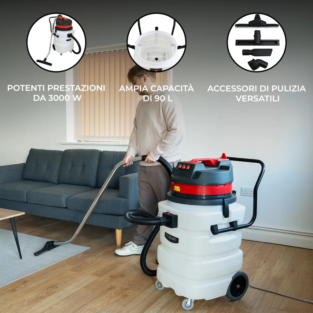Aspirapolvere Industriale 90L 3000W a Secco e Umido in Metallo