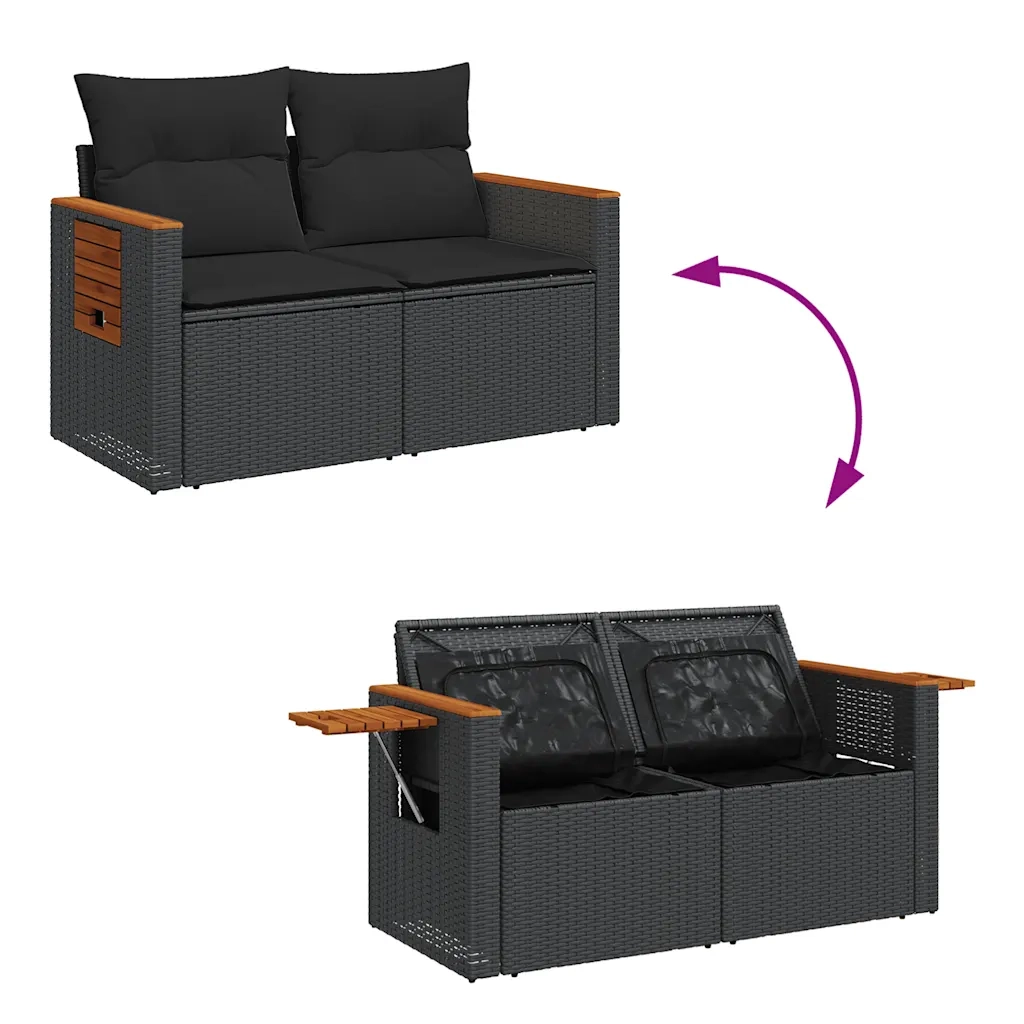 Set Divani da Giardino 5 pz con Cuscini Nero Polyrattan Acacia