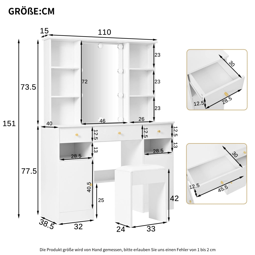 Tavolo da trucco 110x40x151 cm con specchio e luci LED regolabili; 3 cassetti e 2 ante; bianco