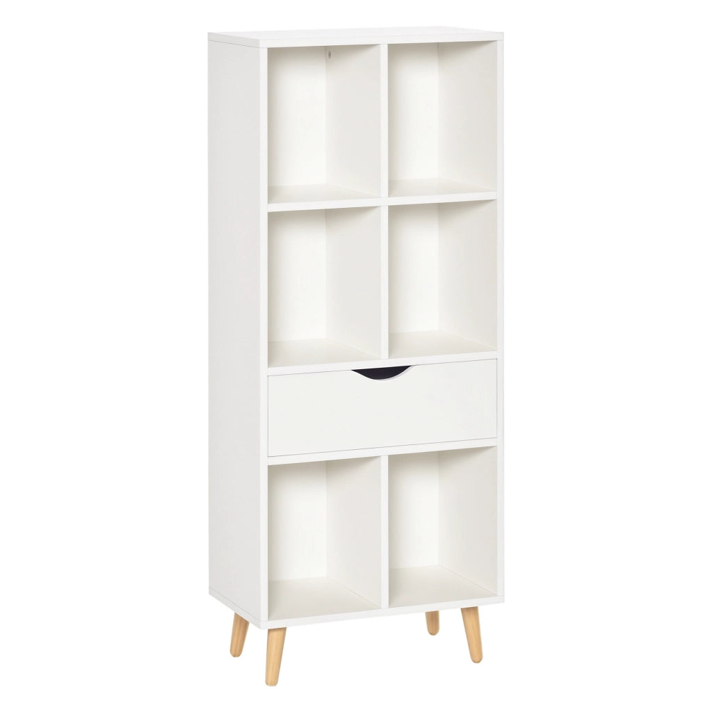 Libreria con cassetto e gambe in legno 6 scomparti aperti ¨C zephmum ¨C 50x29.5x120 cm bianco