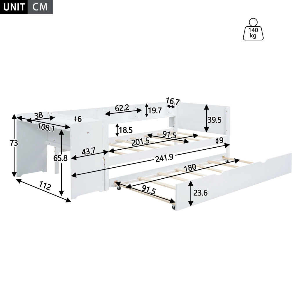 Letto basso con letto estraibile scrivania e tre ripiani in pino 90x200 cm
