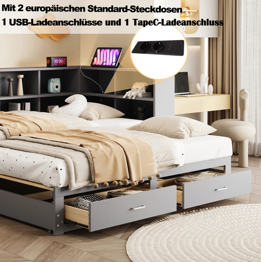 Letto multifunzione 90/180x190 cm con contenitore; prese multifunzione e cassetti in legno grigio