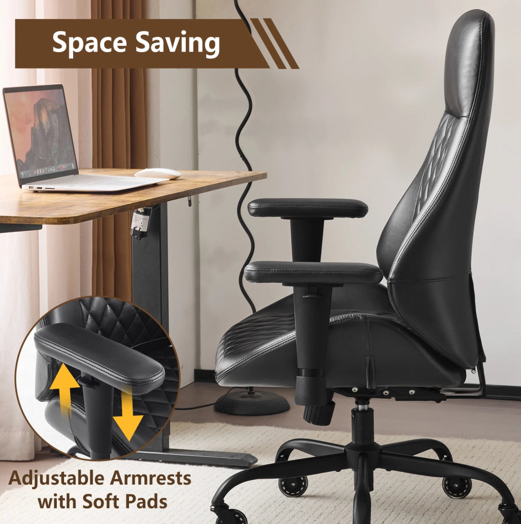 Sedia da ufficio ergonomica nera in pelle con braccioli regolabili; seduta 21x20 pollici