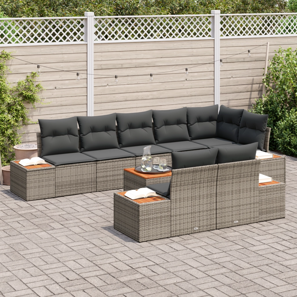 Set Divano da Giardino 9 Pezzi con Cuscini Grigio Polyrattan Acacia