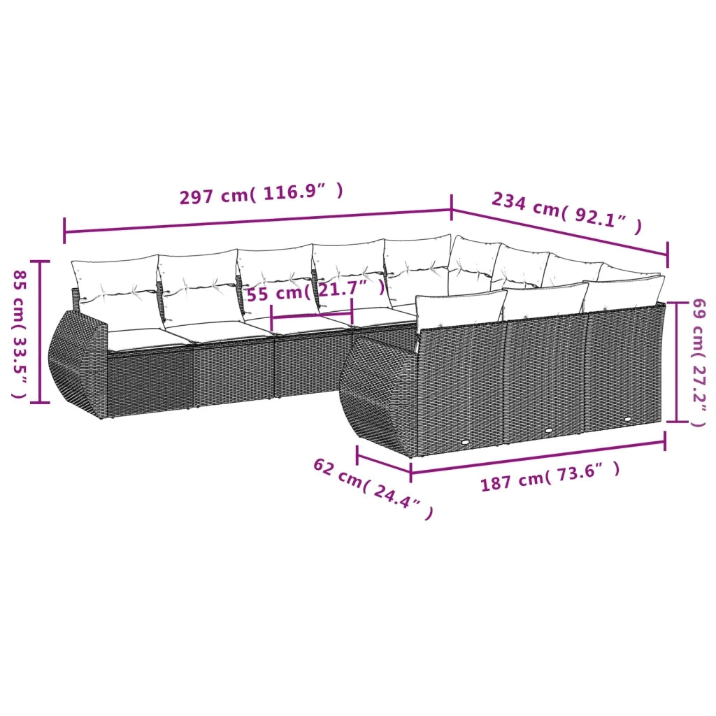 Set Divano Giardino 10 pz con Cuscini Grigio Chiaro Polyrattan